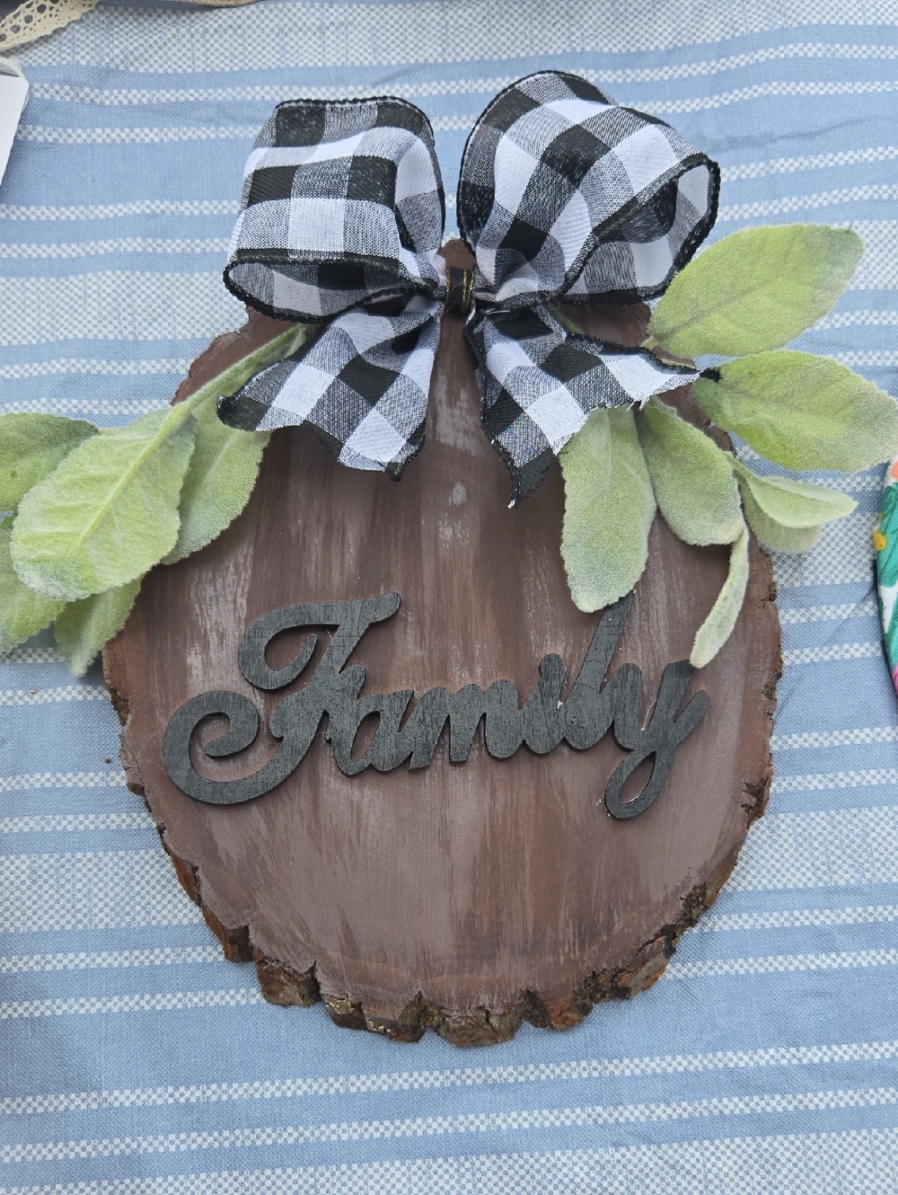 Rustic 'Family' Wood Slice Wall Sign with Buffalo Check Bow